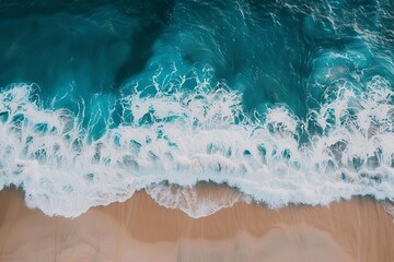 Aerial view of ocean waves crashing onto the shore Offering a tranquil and mesmerizing perspective of the sea's beauty