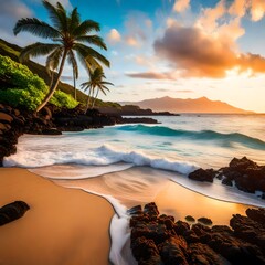 Beach in makena cove with palm tree and waves in south maui, hawaii. - obrazy, fototapety, plakaty