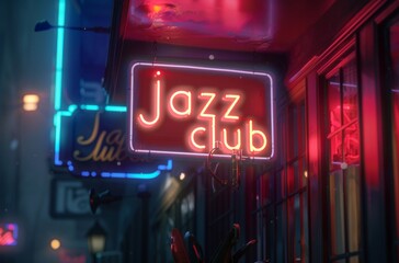 The neon sign of a jazz club casts a warm, inviting glow, beckoning patrons to enjoy the soulful sounds within.