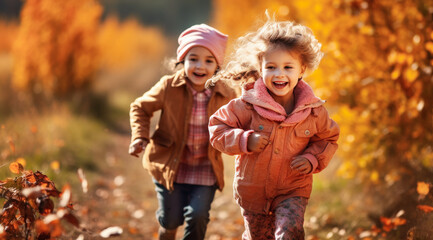 Two little girls running outdoors in the nature on a sunny autumn day, happy, smiling. Healthy, active children.