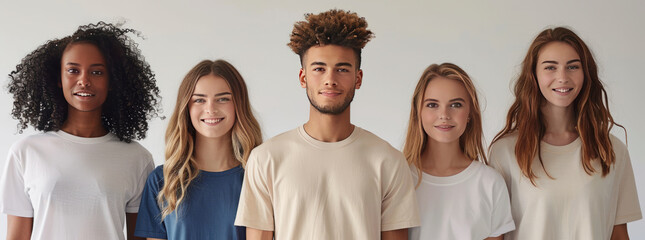 a website banner for a custom t-shirt company, white background, models with different t-shirt designs,generative ai