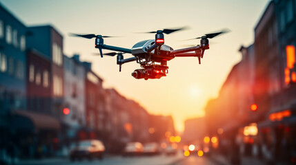 Closeup of a drone hovering low in a town at sunset. 
Innovative technology with privacy concerns. 