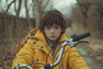 Solitary child with bicycle on an empty path in dull weather