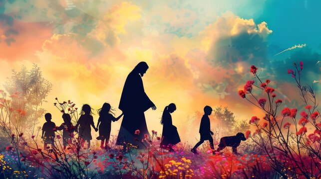 Silhouette of Jesus Christ guiding a group of children through a vibrant garden.