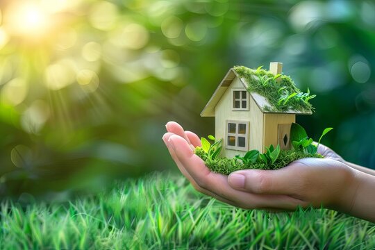 Conceptual image of sustainability Featuring a small eco-friendly house cradled in the hands of a person against a green Natural backdrop