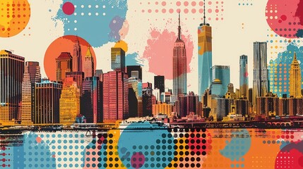 Vibrant pop art collage of New York City's skyline with colorful geometric patterns and splashes.