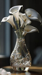 delicate transparent calla, diamonds ornament, delicate white gold ornate сreated with Generative Ai