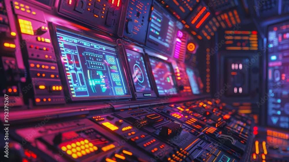 Poster inside a futuristic spaceship, this control panel with illuminated screens and buttons sets the scen