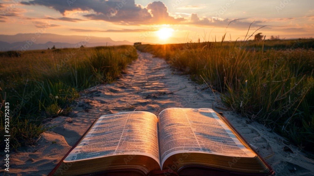 Wall mural silhouetted open bible with a path leading up to it