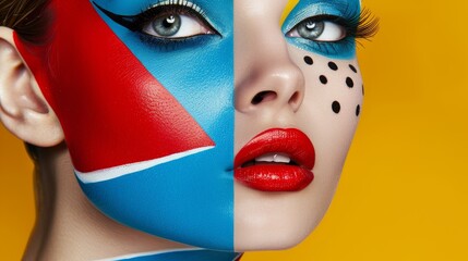 A striking close-up of a model with geometric makeup in bold red, white, and blue, with a vibrant yellow background.