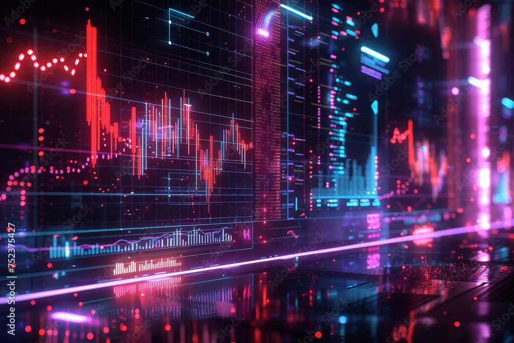 Aufkleber digital stock market display featuring glowing charts and graphs against a dark backdrop symbolizing