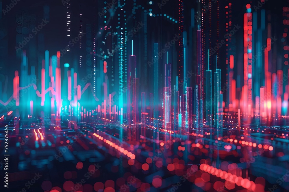 Poster digital stock market display featuring glowing charts and graphs against a dark backdrop symbolizing