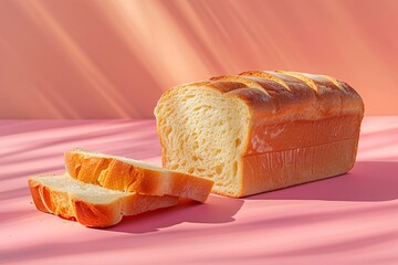 Whole loaf of white bread on a pink surface with shadow play, highlights the soft texture and golden crust