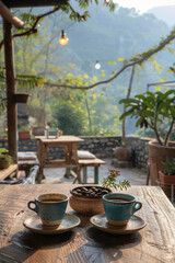 drinking from a mug in an outdoor coffee shop, in the style of mountainous vistas