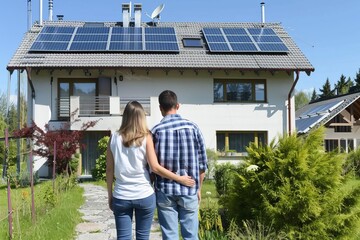 Eco-conscious couple in front of their home Showcasing a sustainable lifestyle with rooftop solar panels