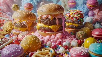 Fototapeta na wymiar A dreamlike landscape filled with oversized burgers, assorted candies, and vibrant sweets, evoking a sense of whimsical indulgence.