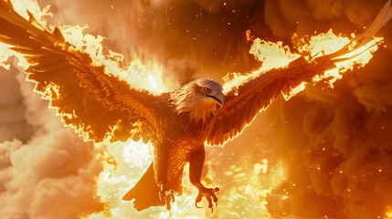 Digital artwork of a mythical phoenix soaring with wings ablaze against a dramatic fiery background.

