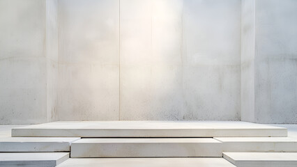 Stone stand for displaying products white concrete wall background