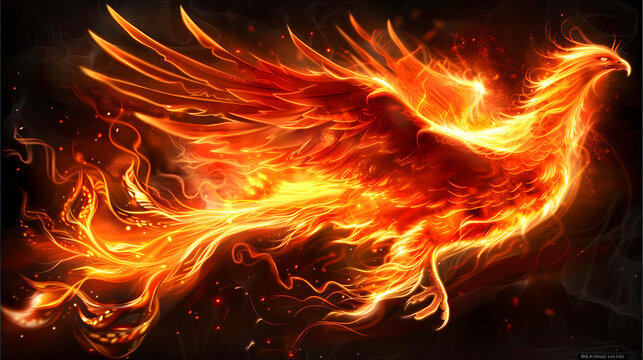 Artistic representation of a flaming phoenix, captured in a powerful and dynamic flight with a dark background.
