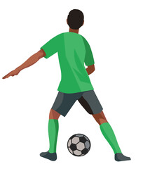 Young African football athlete in a green T-shirt stands with his back and catches the ball