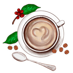 Cup of coffee seen from above with fresh roasted coffee beans on the branch. Hand drawn