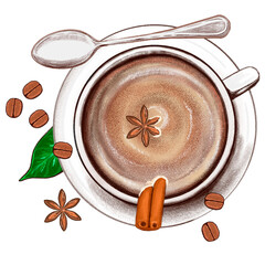 Cup of coffee seen from the top on white background with roasted coffee beans, cinnamon and star anise. Hand drawn