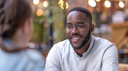 A young man engaging in a pleasant conversation at a cafe with bokeh light background. - obrazy, fototapety, plakaty
