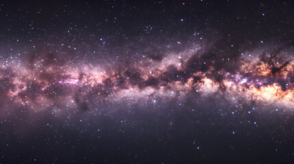 Panoramic image of the Milky Way Galaxy stretching across the night sky, showcasing a dense field of stars and cosmic dust.
