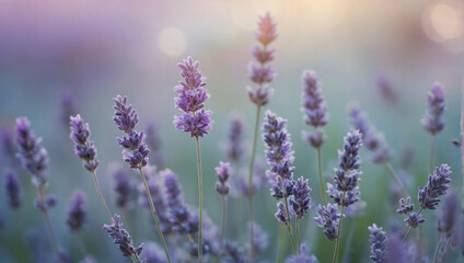Soft lavender bokeh on a defocused sky blue background - an airy and serene abstract banner.
