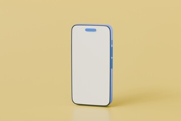 3D Minimal blue mobile phone or smart phone with empty screen icon. Cartoon smartphone isolated on yellow pastel background. Phone device Mockup. 3d minimal cartoon design creative icon. 3D Rendering.