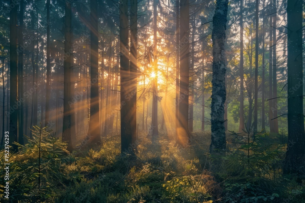 Aufkleber forest at sunrise light filtering through the trees creating a serene and peaceful atmosphere emphas