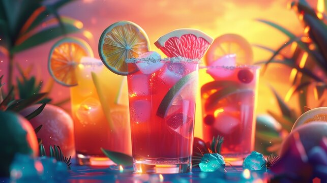 Colorful fruity cocktails adorned with citrus slices, invitingly placed against the backdrop of a stunning tropical sunset, capturing the essence of summer.
