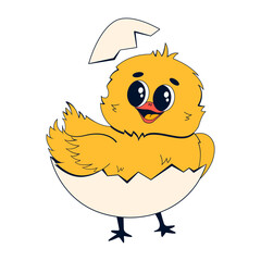 Baby chicken in eggshell. Vector illustration of a chicken character in retro style.