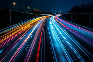 Fototapeta na wymiar Long exposure photograph capturing the vibrant and dynamic movement of traffic on a highway at night Creating streaks of light that convey a sense of motion and urban life