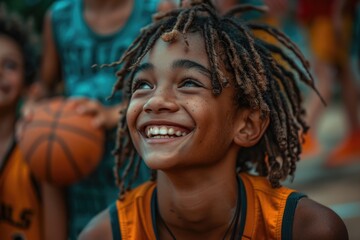 A young boy with dreadlocks smiling at the camera.