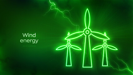 Wind energy icon with energy glow. Wind turbines. Wind power station background. Alternative energy. Sustainable development. Renewable green energy. Electrical discharge effects. Vector illustration.