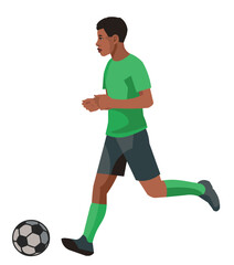 African teenager football player in green sports equipment in profile runs after the ball