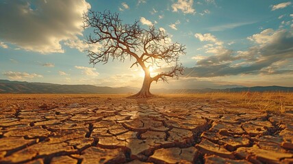 A metaphor of dead trees on broken, arid ground global climate change, the drought, and the water issue. - obrazy, fototapety, plakaty