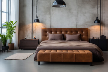 Bed with brown leather headboard and bench Loft interior design of modern bedroom
