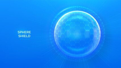 Glass transparent protection sphere shield. Sphere shield with hexagon pattern on blue background. Bubble shield in the form of a force energy field. Protection and safety concept. Vector illustration - obrazy, fototapety, plakaty