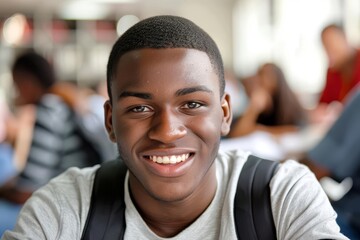 Portrait of a cheerful black student with a bright smile Symbolizing success and confidence in educational achievement - obrazy, fototapety, plakaty