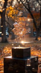 A mystical cube levitates with glowing shards against a backdrop of autumn leaves, creating a scene of enchantment and the magic of fall.