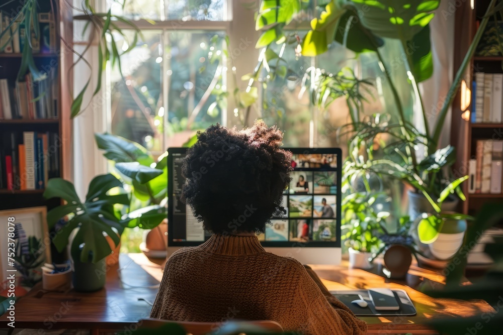 Poster rear view of a person using a computer for a virtual meeting in a cozy home office setup with natura