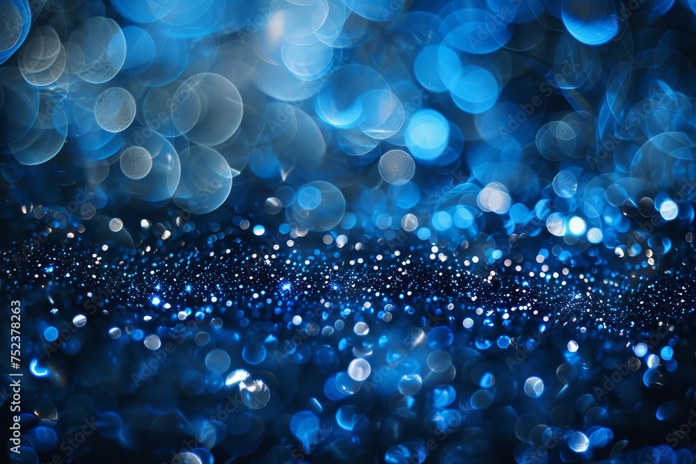 Poster shimmering abstract pattern with deep blue and silver sparkles. festive bokeh effect on a dark backg