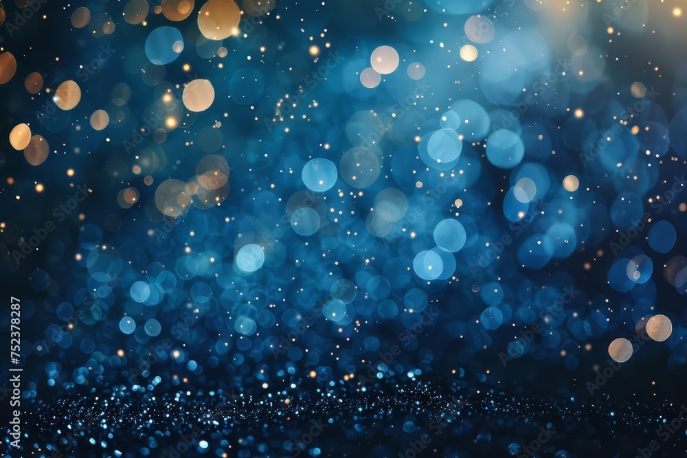 Poster shimmering abstract pattern with deep blue and silver sparkles. festive bokeh effect on a dark backg