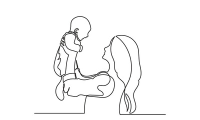 Happy Mother’s Day continuous line drawing of Mom playing with her baby. women holding her baby motherhood concept. vector illustration.
