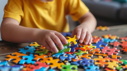 Close-up of a child's hands assembling a bright puzzle. A child with autism puts together a bright colored puzzle. World Autism Awareness Day