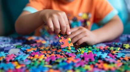 Close-up of a child's hands assembling a bright puzzle. A child with autism puts together a bright colored puzzle. World Autism Awareness Day