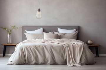 Pastel beige and grey bedding on bed Minimalist french country interior design of modern bedroom