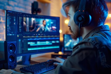 Video editor deeply focused on editing footage on a high-performance computer Crafting compelling visual narratives - obrazy, fototapety, plakaty
